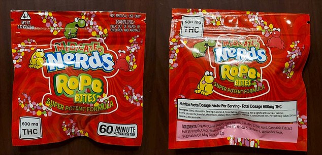 Oben abgebildet ist ein weiteres Produkt, das wie Nerds aussieht, eine normale Süßigkeit, die im District of Columbia verkauft wird.  Kleine Symbole an der Seite der Packung zeigen an, dass Cannabis enthalten ist