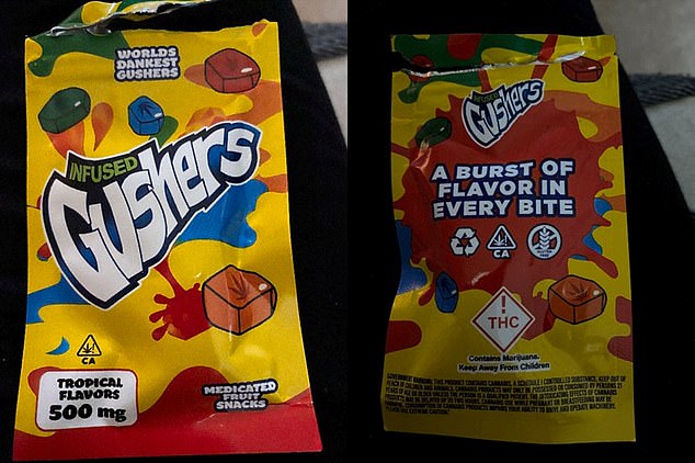 Diese Pakete wurden beim Verkauf in Colorado entdeckt.  Sie teilen den Namen der gewöhnlichen Leckerei Gushers, sind aber mit Cannabis versetzt