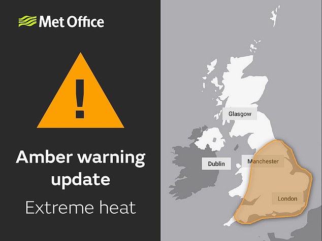 Eine „bernsteinfarbene“ extreme Hitzewarnung des Met Office deckt am Sonntag, Montag und Dienstag einen Großteil von England und Wales ab.  Experten sagen, dass durch die Hitze Lebensgefahr oder potenzielle schwere Krankheiten bestehen könnten