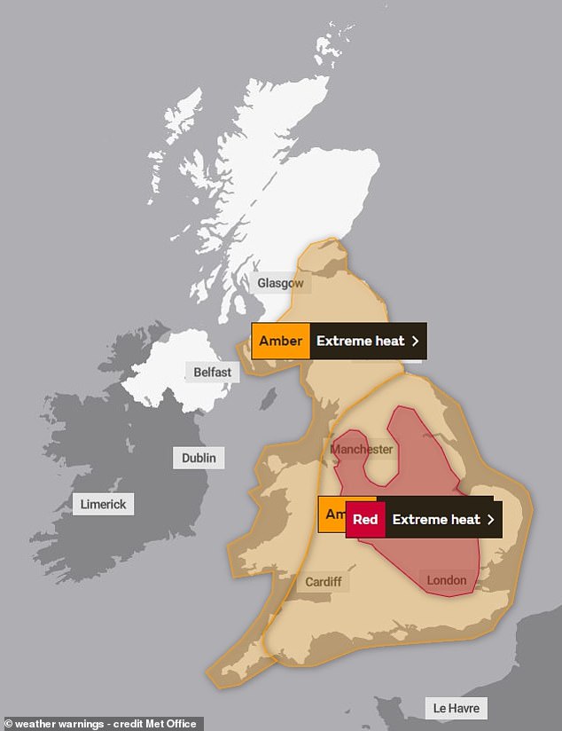 Das Met Office hatte bereits diese Woche – zum dritten Mal überhaupt – von Sonntag bis Dienstag für den größten Teil von England und Wales eine gelbe Hitzewarnung herausgegeben.  Aber heute wurde dies auf ganz England und Wales sowie Südschottland ausgedehnt – und am Montag und Dienstag für Teile von Mittel- und Südengland, einschließlich London, auf ein beispielloses „Rot“ aufgewertet