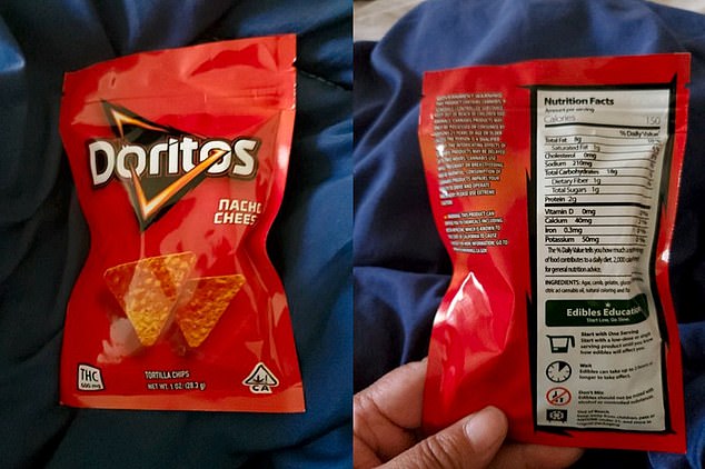 Oben abgebildet ist ein essbarer Cannabis-Nachahmer, der in Nevada verkauft wird.  Es verwendet den Namen eines anderen Produkts – Doritos – und hat nur kleine Warnsymbole, dass es Cannabis enthält