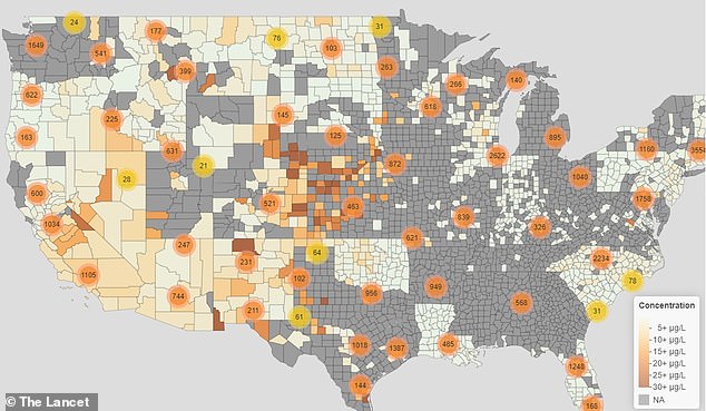 Die Forscher fanden erhöhte Uranwerte in zwei Dritteln der kommunalen Wassersysteme, aus denen sie Daten sammelten, wobei die Regionen im Süden, Mittleren Westen und Westen am stärksten betroffen waren